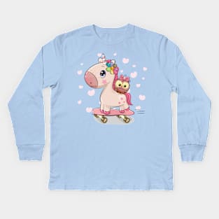 Cute pink little unicorn and owl on a skateboard Kids Long Sleeve T-Shirt